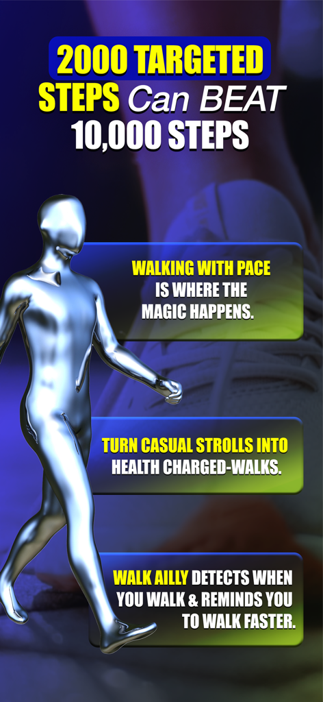 Walk Ailly - Walk Ailly 앱 화면은 2000 걸음이 걷기 속도에 집중함으로써 10000 걸음보다 이점을 주는 방법을 보여줍니다.