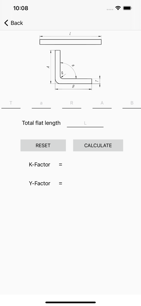 Bending Sheet Metal - A technical calculator screen for determining K-factor and flat length in sheet metal bending.