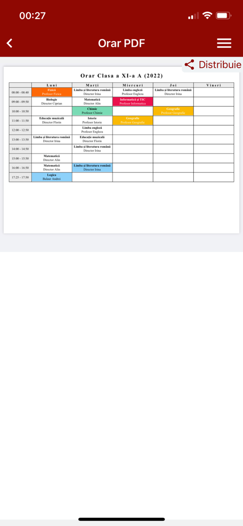 Catalog Viva - Weekly school class schedule displayed in PDF format within the Catalog Viva mobile application