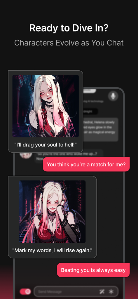 BabeChat - Unleash Unlimited - BabeChat app screen displaying a roleplay chat with an evolving anime character and custom emotion images.