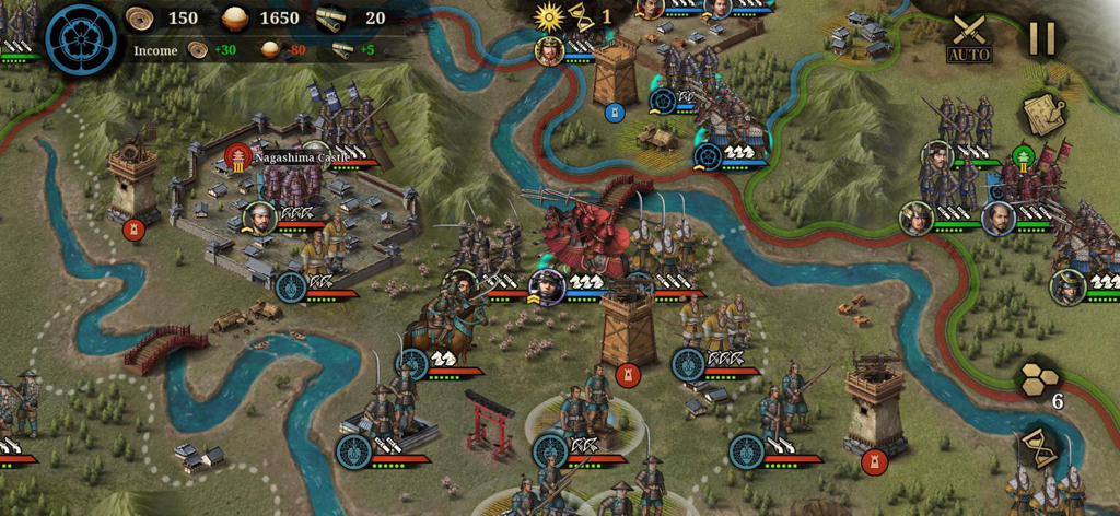 Great Conqueror 2: Shogun - Tactical map gameplay in Great Conqueror 2 Shogun showing samurai units and Nagashima Castle during the Sengoku period.