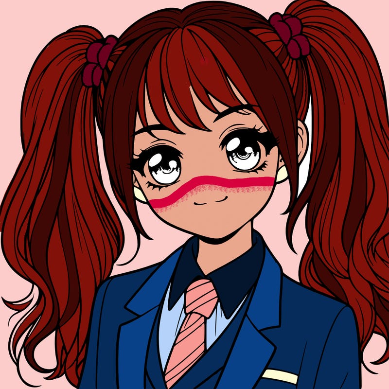 realistic girl with two ponytails and a suit on