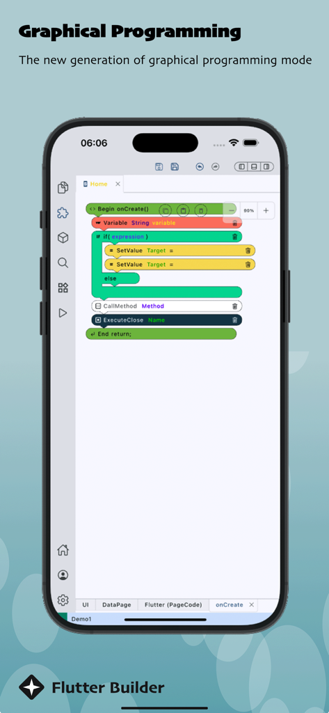 Flutter Builder - Screenshot of Flutter Builder app showing a visual graphical programming interface with colorful logic blocks on a smartphone