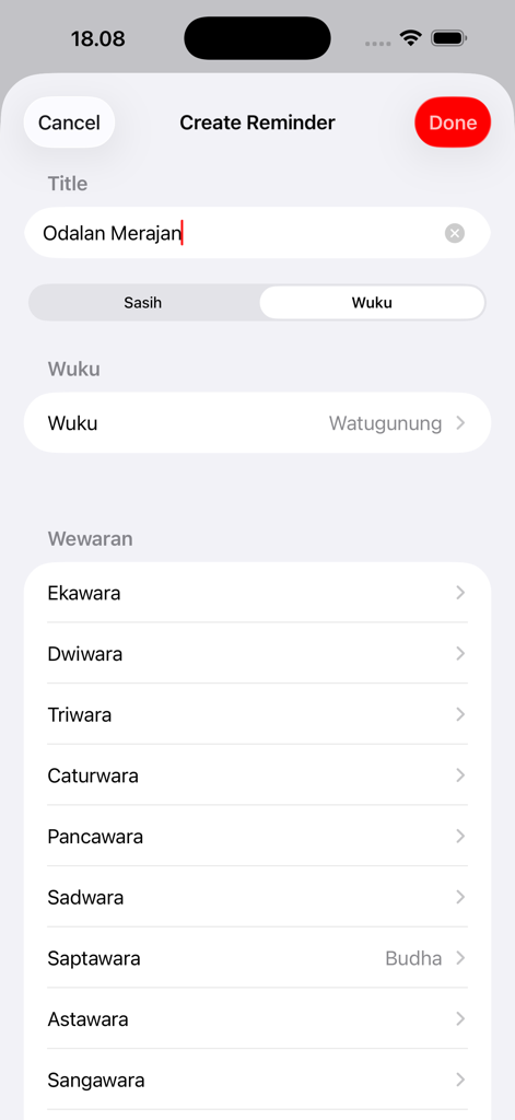Interface for creating a ceremonial reminder in the Kalender Bali app for Odalan Merajan based on the Wuku system