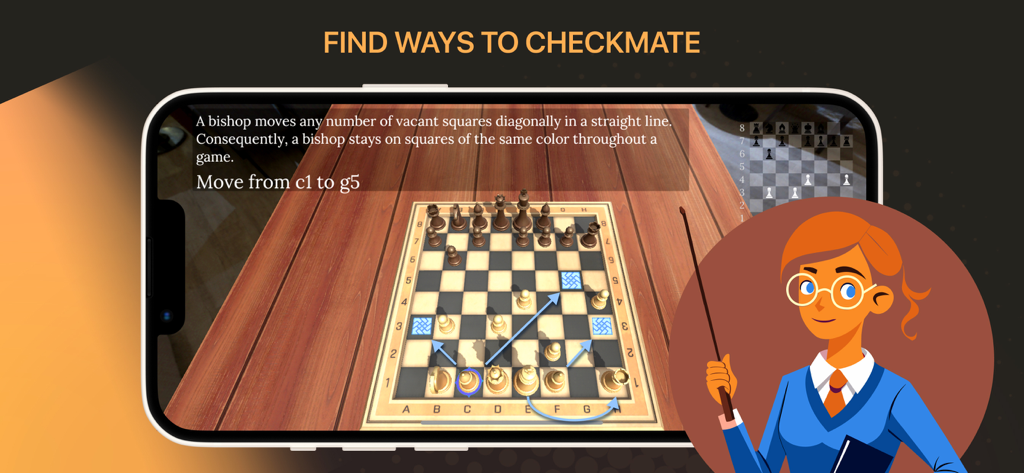 Lección de ajedrez en realidad aumentada mostrando reglas de movimiento del alfil con un entrenador digital