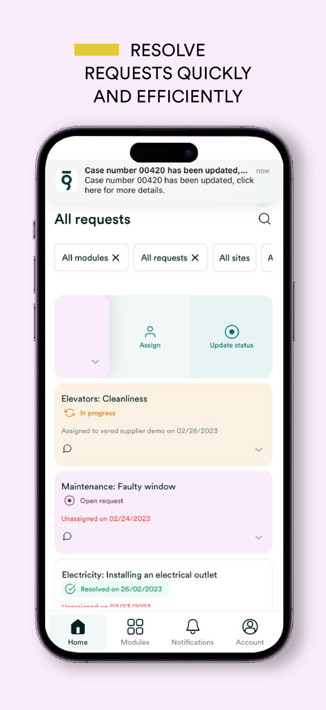 Appgrade by ServicesApp - Interface of the Appgrade app showing a dashboard for managing facility maintenance requests on an iPhone