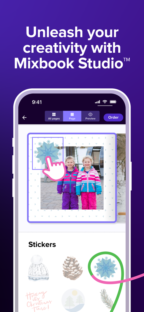 Mixbook | Photo Book Creator - Mixbook Studio app interface showing how to add decorative stickers to a custom photo book page.