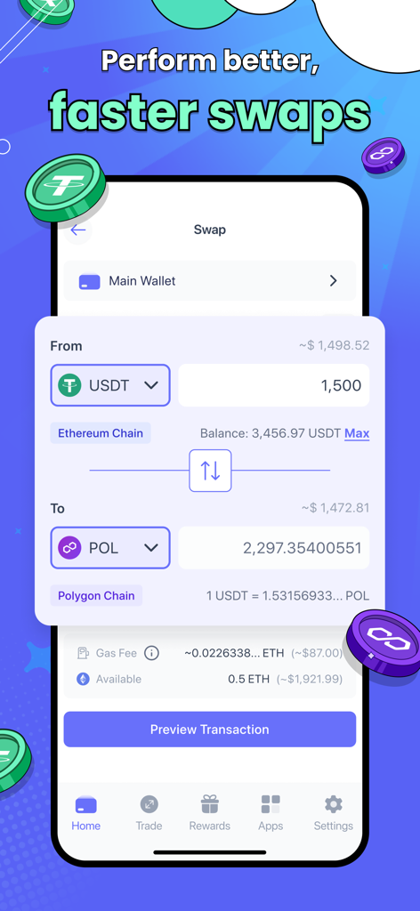 Capture d'écran de l'application mobile Meilleure Wallet montrant un échange de jetons de USDT sur la chaîne Ethereum à POL sur la chaîne Polygon
