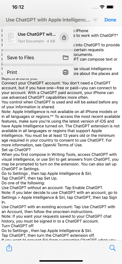 Tela do iPhone mostrando o TextDrop para Safari salvando um artigo da web como um arquivo de texto puro no dispositivo.