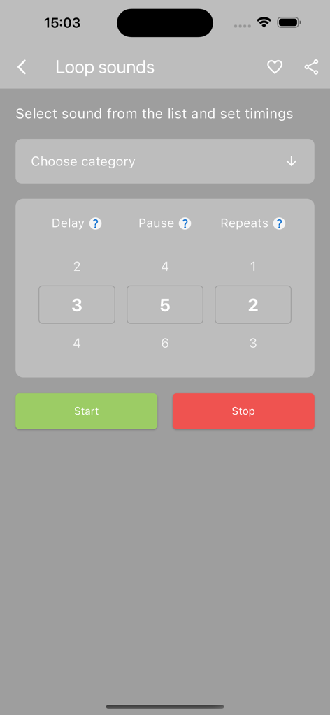 犬の鳴き声アプリのインターフェース。遅延と繰り返しオプションを備えたサウンドエフェクトのループ設定が表示されています。