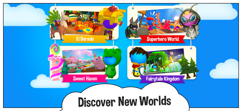 Uma exibição de quatro mundos temáticos em The Game of Life 2, incluindo El Dorado, Mundo dos Super-Heróis, Refúgio Doce e Reino de Conto de Fadas.