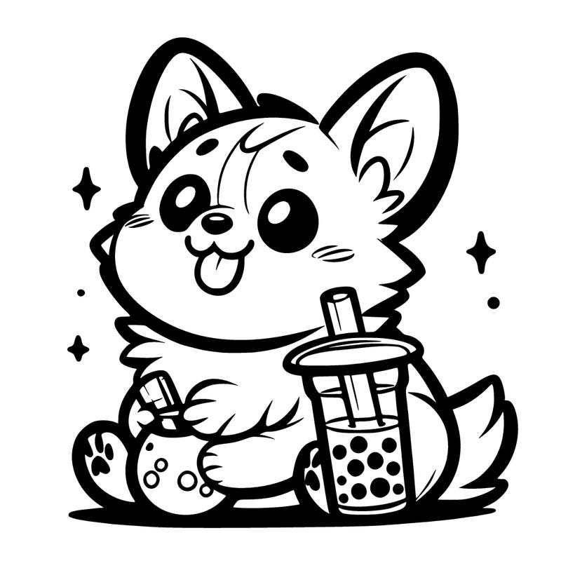 corgi drinking boba tea
