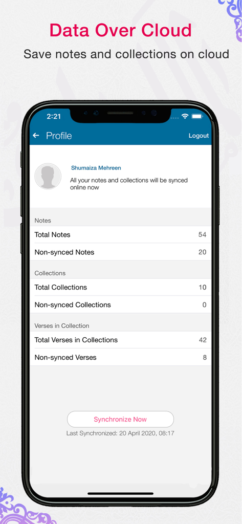 Quran App Read,Listen,Search - Una pantalla móvil que muestra la página de perfil de la App del Corán con opciones para la sincronización en la nube de notas y colecciones.