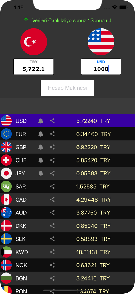 Döviz Çevirici - Interface da aplicação Döviz Çevirici mostrando a conversão de 1000 USD para TRY e uma lista de taxas de câmbio globais face à Lira Turca.