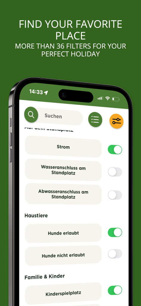 Mobile screen of the camping info app showing search filters for amenities like electricity and pet friendly sites