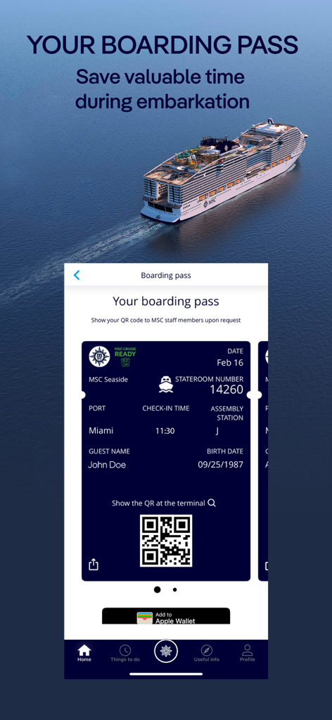 MSC for Me - Digital boarding pass in the MSC for Me app showing a QR code and embarkation details for a cruise ship