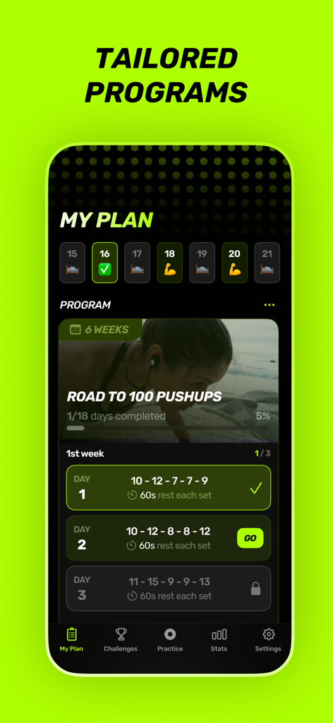 Push Up Counter & Tracker - The Puuush app screen showing a tailored six week Road to 100 Pushups training program with a daily workout schedule.