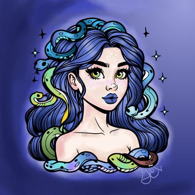 realistic girl with snakes as hair