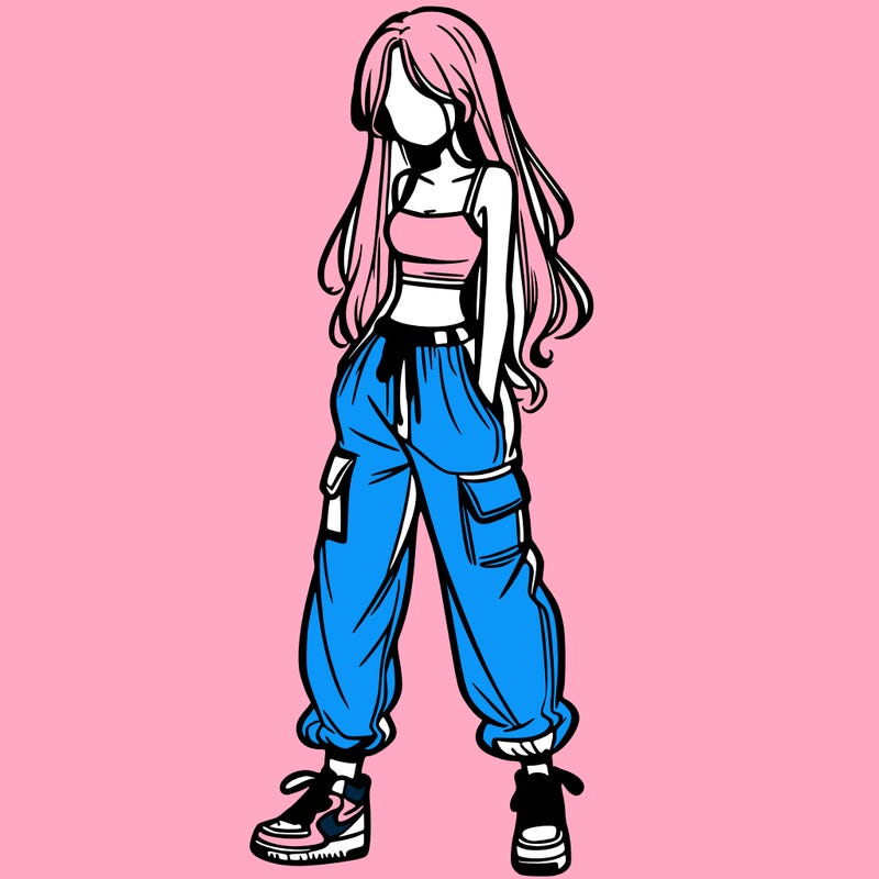 girl in baggy pants crop top and long hair