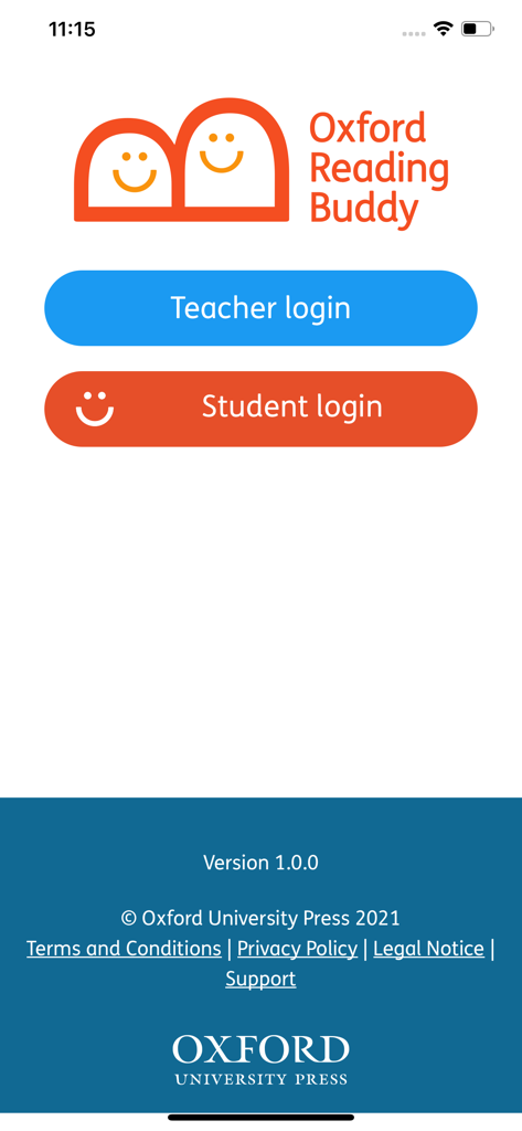 Reading Buddy - Oxford Reading Buddy app login screen showing buttons for teacher login and student login