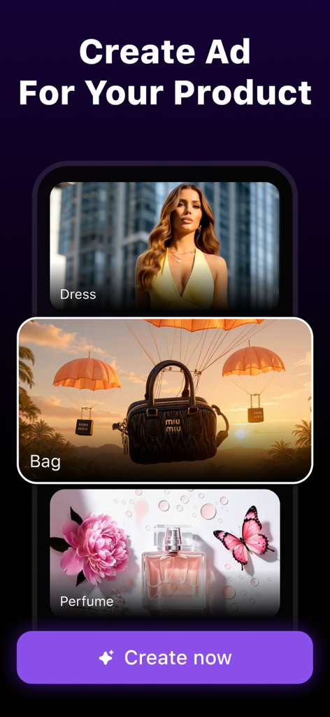 Oberfläche, die die KI-Erstellung von Produktanzeigen für Kleidung, Taschen und Parfüm zeigt