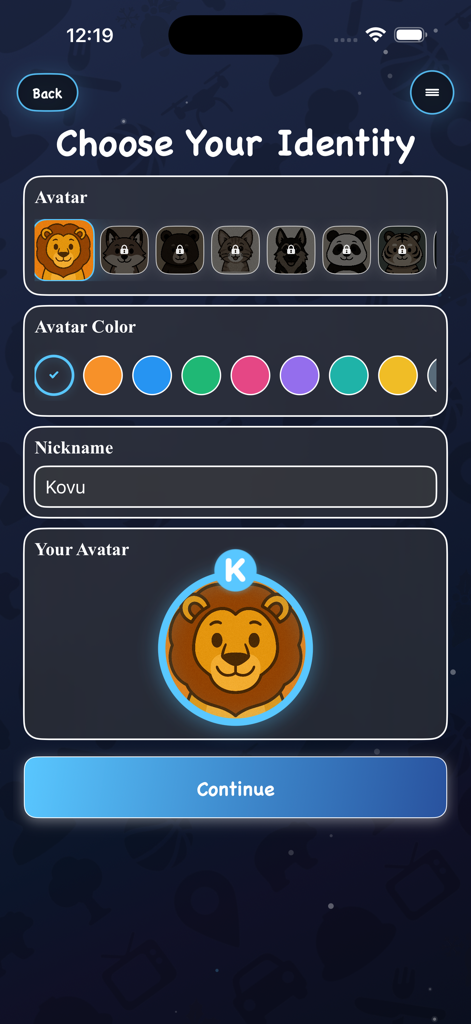 Avatar and nickname customization screen in the 2Q 20 Questions app.