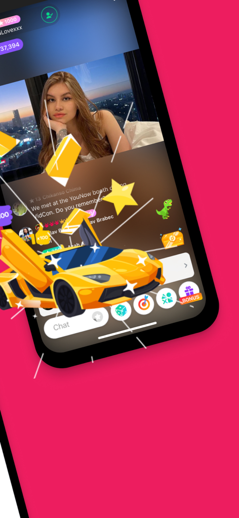 Tela de transmissão ao vivo do YouNow mostrando uma jovem transmitindo com uma animação de presente virtual de carro esportivo amarelo