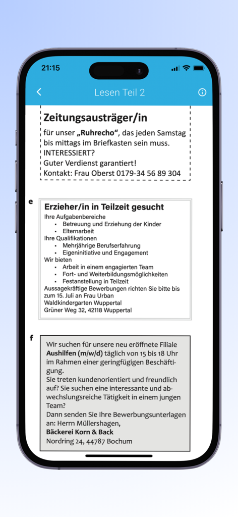 نماذج امتحان المانية - Mobile app screen showing German reading exam models with job advertisements for comprehension practice