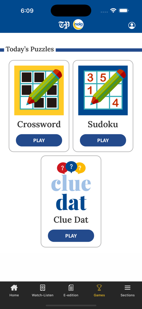 Der Spiele- und Rätselbereich der mobilen NOLA.com-App mit Kreuzworträtseln und Sudoku