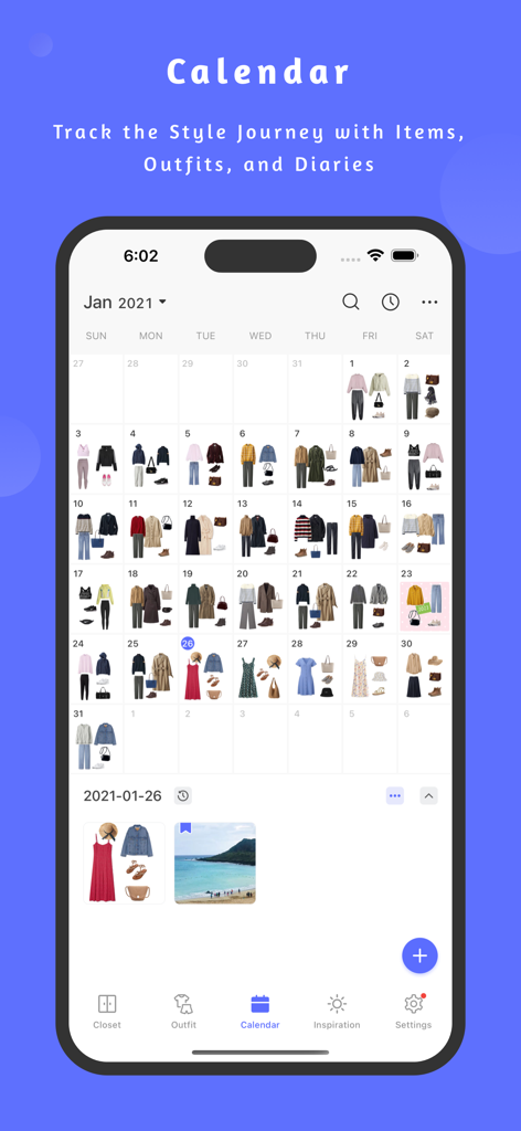 A monthly calendar view within the SimpleCloset app displaying daily outfit logs and style diary entries.