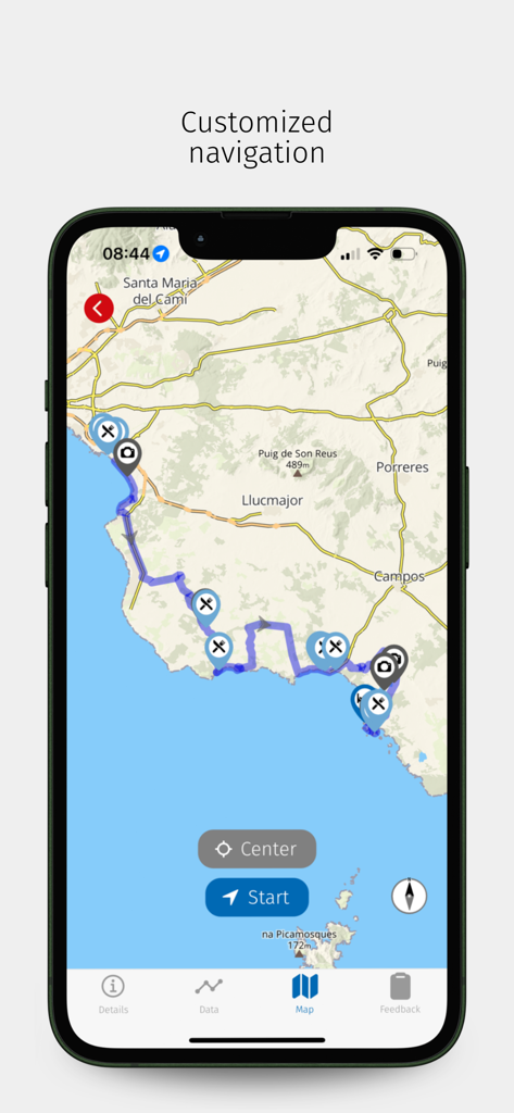 Smartphone screen showing a customized navigation map with a coastal route and points of interest markers