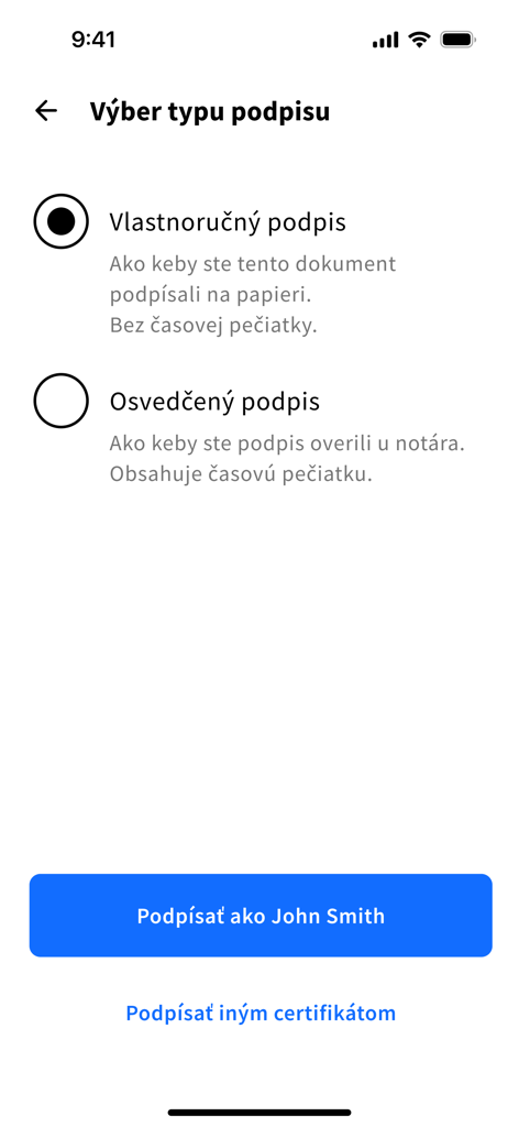 Autogram v mobile - Pantalla del móvil para seleccionar tipos de firma como firmas manuscritas o certificadas en la aplicación Autogram
