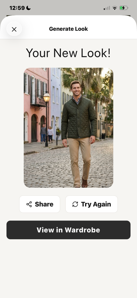 Try Me On - Roupa virtual gerada por IA de um homem em uma jaqueta acolchoada verde e calça cáqui no aplicativo Experimente