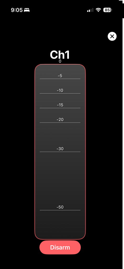 A1 Multitrack Record - Interface de l'application A1 Multitrack Record montrant l'indicateur de niveau audio de la piste 1 avec un bouton de désactivation