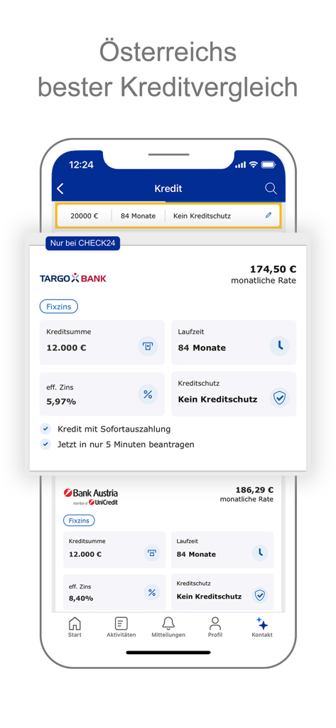 CHECK24 Österreich - A mobile app interface from CHECK24 Austria showing a comparison of different bank loans with interest rates and monthly payments