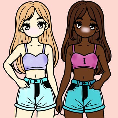 two sisters with crop tops and jean shorts and straight hair
