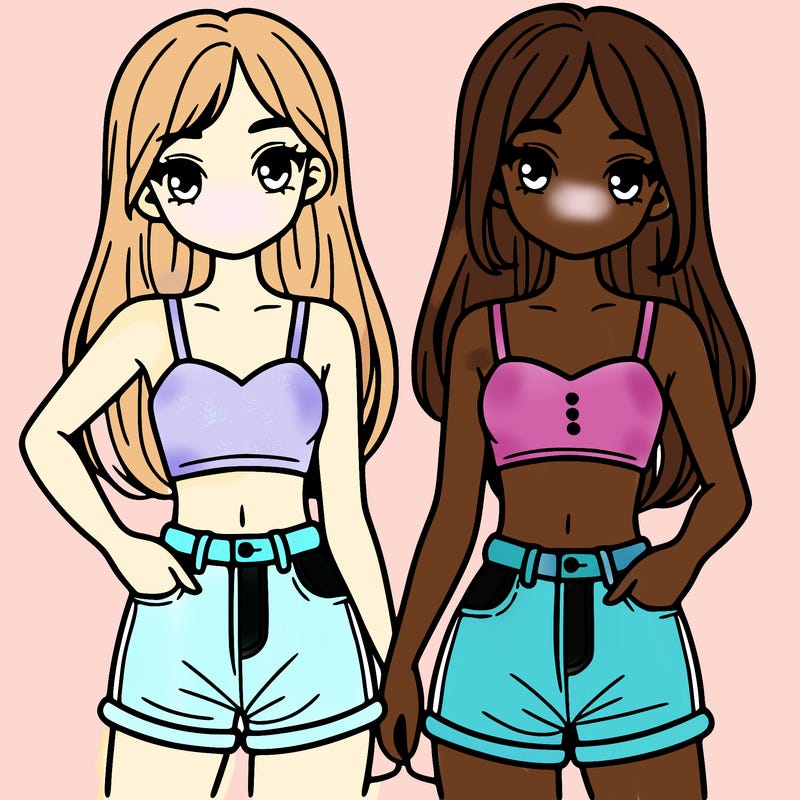 two sisters with crop tops and jean shorts and straight hair