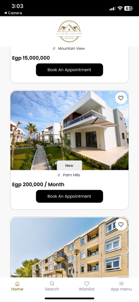 La aplicación Luxury Estate mostrando listados de bienes raíces premium con arquitectura moderna y botones de reserva.