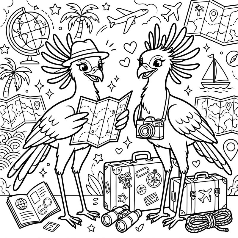 Join these fashionable secretarybirds as they embark on an exciting vacation journey, surrounded by all the essentials for a grand adventure. This detailed coloring page invites you to bring their travel plans to life with your favorite hues.