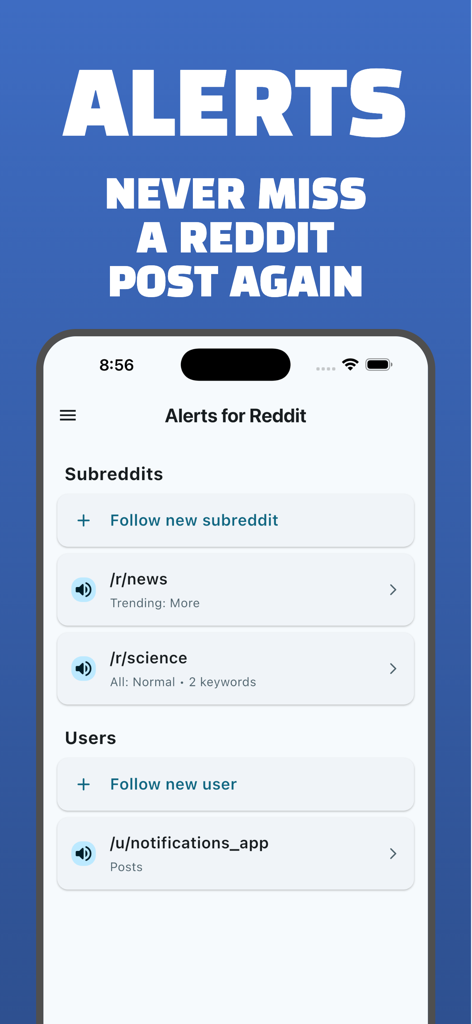 Alerts for Reddit - Main interface of the Alerts for Reddit app showing a list of followed subreddits and users for customized notifications