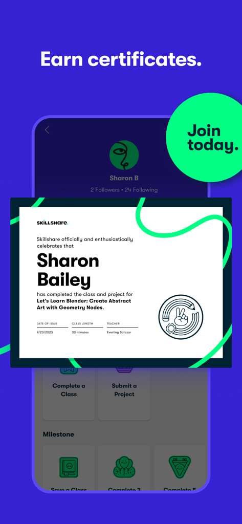 Skillshare app screen showing an earned certificate for a creative course completion.