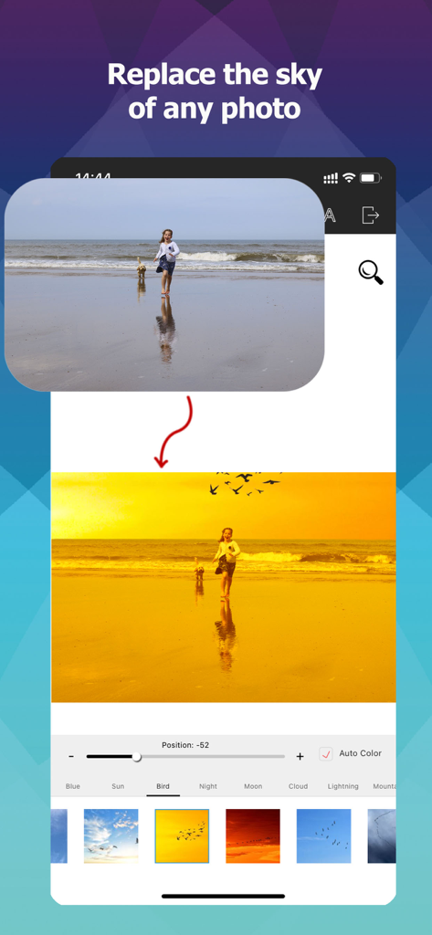 ビーチの写真の空を黄金色の夕焼けに変える空の入れ替え機能を表示するモバイルアプリのインターフェース