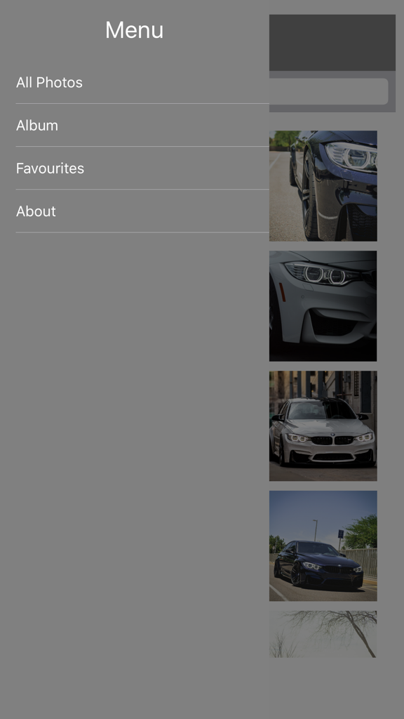 BMW M3 F80 wallpaper app menu with photo gallery categories