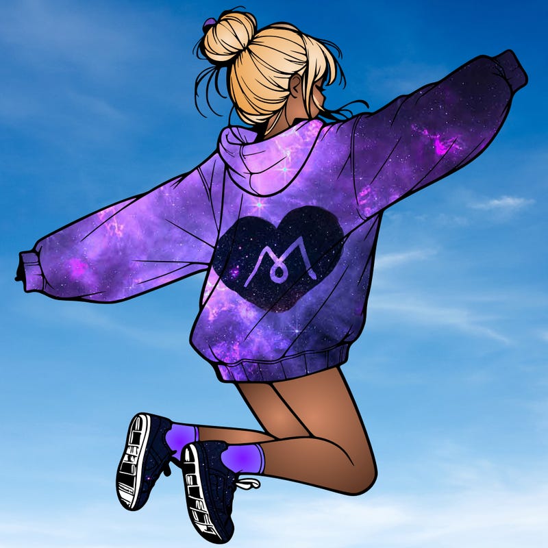 realistic girl jumping with a bun and oversized sweatshirt