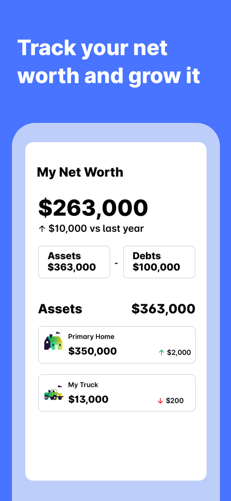 자산 및 부채 세부 내역이 포함된 순자산을 표시하는 WalletHub 앱 화면