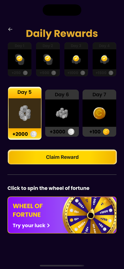 Chance. - Interfaz de recompensas diarias de la aplicación Chance que muestra un calendario de recolección de monedas de siete días y un botón para reclamar recompensa.