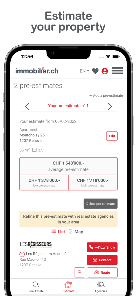 Property pre-estimate screen for an apartment in Geneva showing value ranges in Swiss Francs
