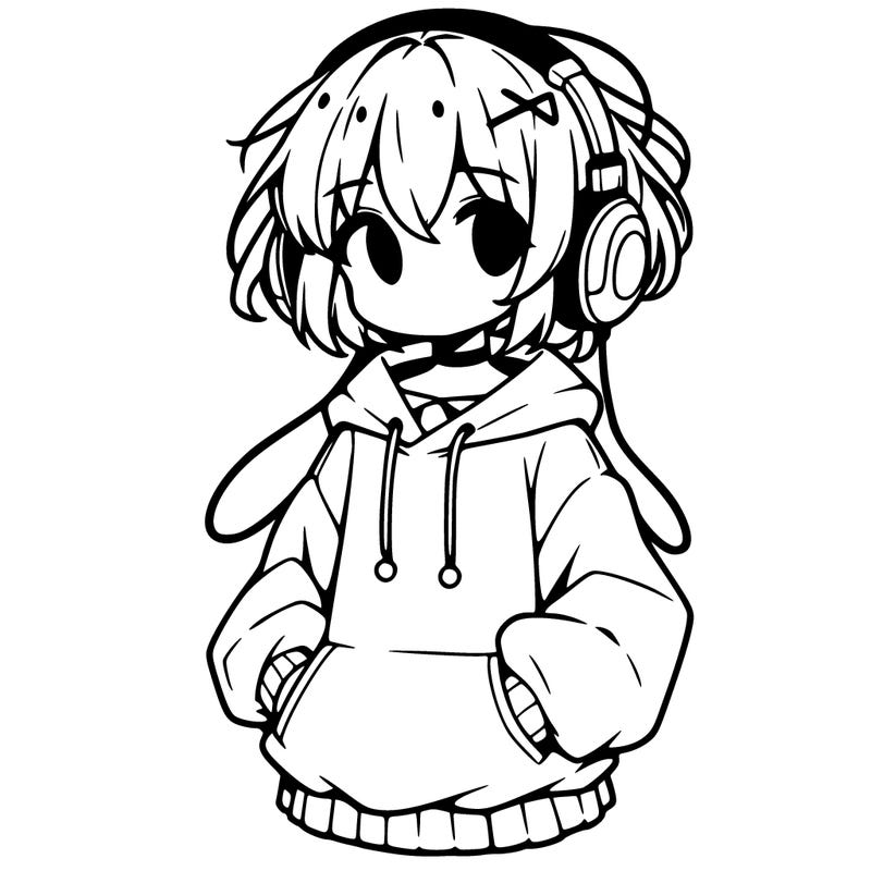 anime girl with a baggy jumper and headphones