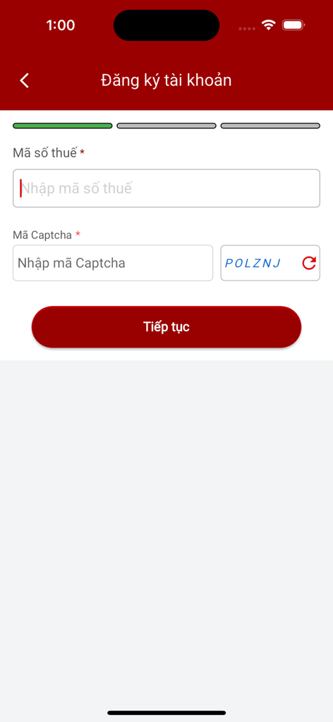 세금 ID 및 캡차 필드를 보여주는 eTax Mobile 등록 화면