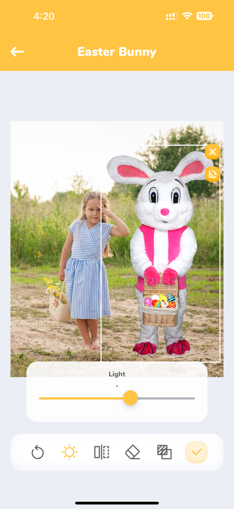 Call Easter Bunny - A photo of a young girl being edited to include the Easter Bunny standing next to her in an outdoor field.